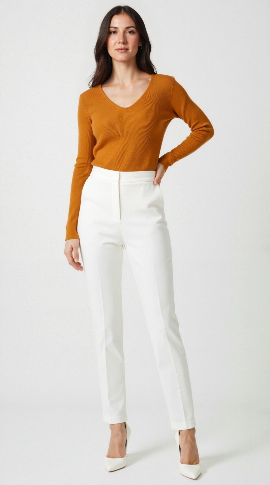 Aurora Ribbed V-Neck Sweater - Orange