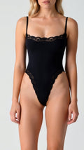 Seamless Lace Thong Bodysuit - Black