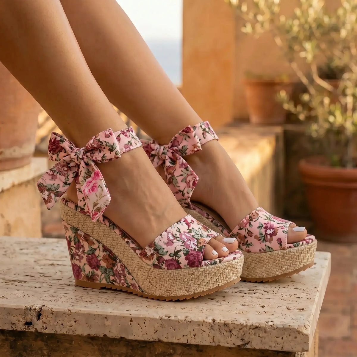 Oruzen Espadrille Wedges - Rose Garden floral lifestyle
